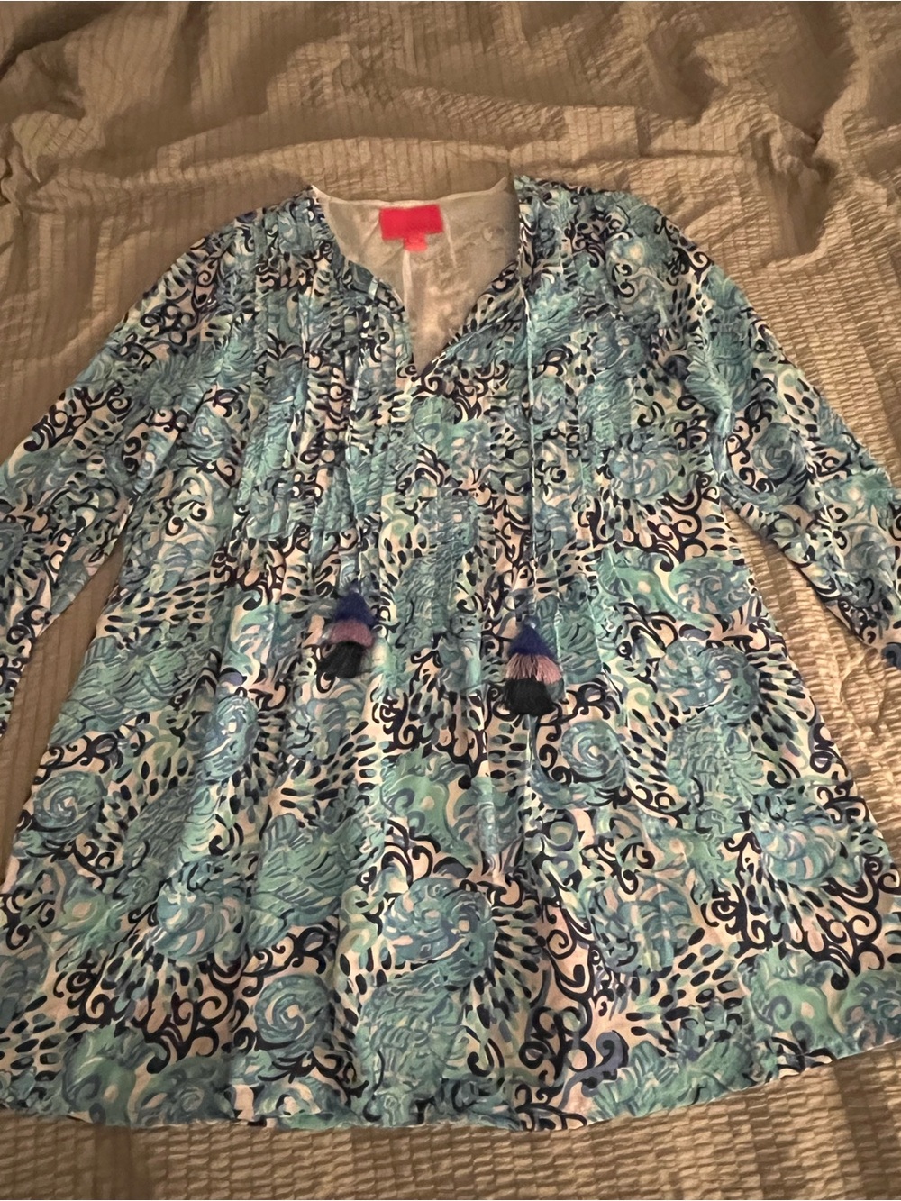 Lilly Pulitzer Medium Blue Print Tassel Tie Long Sleeve Dress NWOT